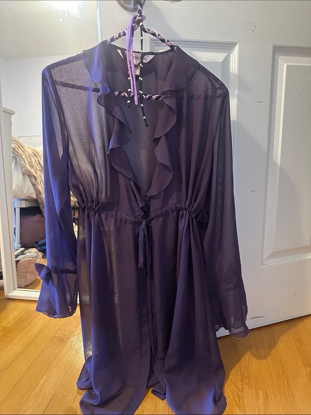 La Vie En Rose Sheer Ruffled Tie-Waist Robe - Purple